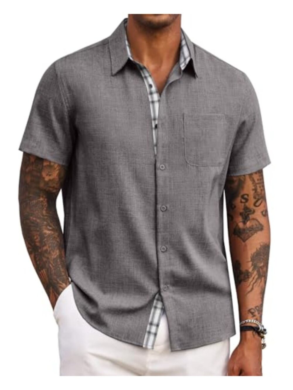 Men's Button Down Shirt Short Sleeve Casual Plaid Beach Wedding